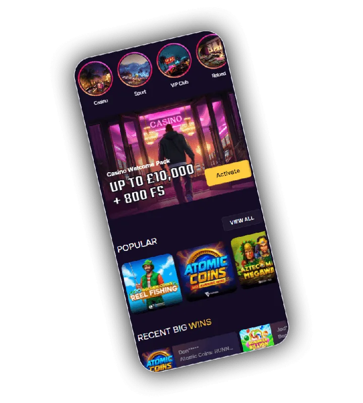 GT Spins casino mobile lobby: category chips, Casino Welcome Pack up to £10,000 + 800 FS with Activate CTA, Popular games and Recent Big Wins